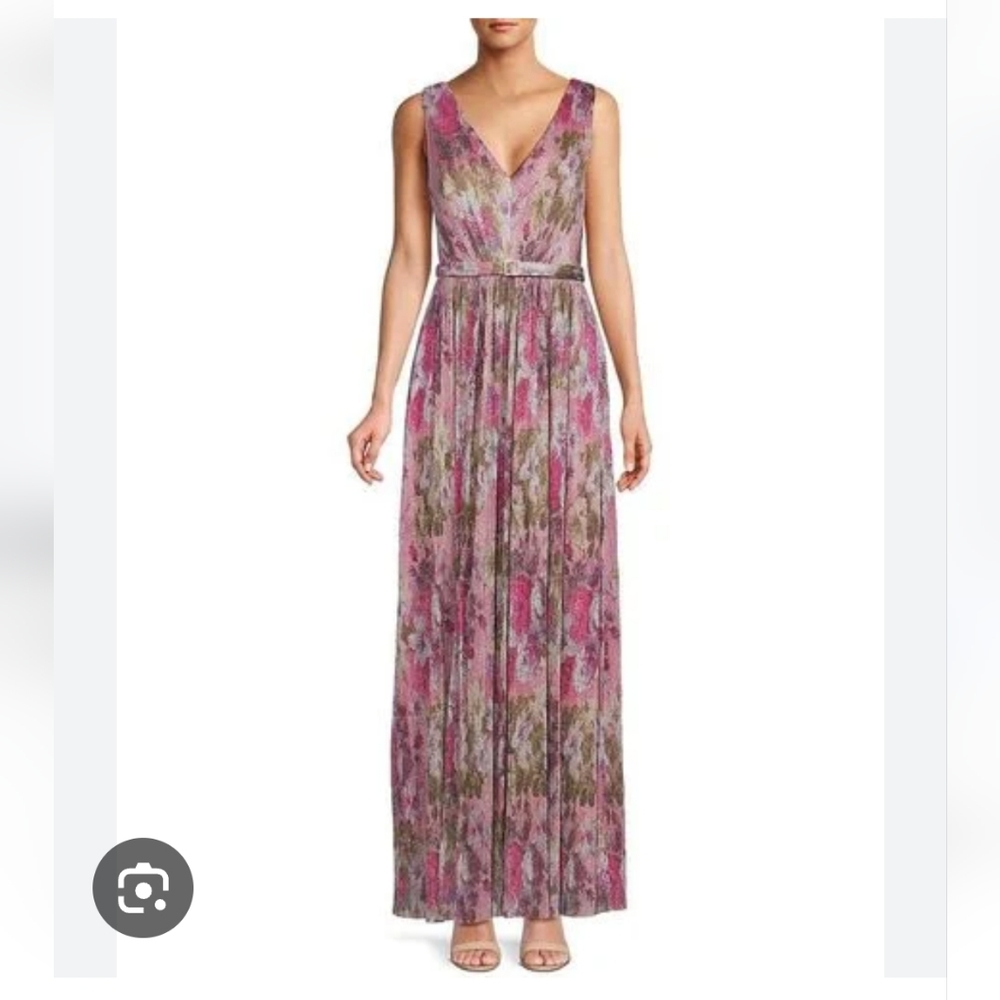 Eliza J metallic pastel floral maxi dress with side slit Sz 4